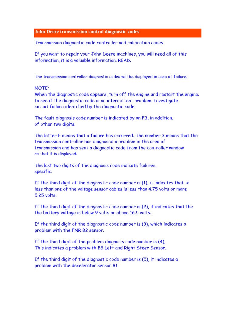 John Deere Transmission Diagnostic Codes | PDF | Medical Diagnosis ...