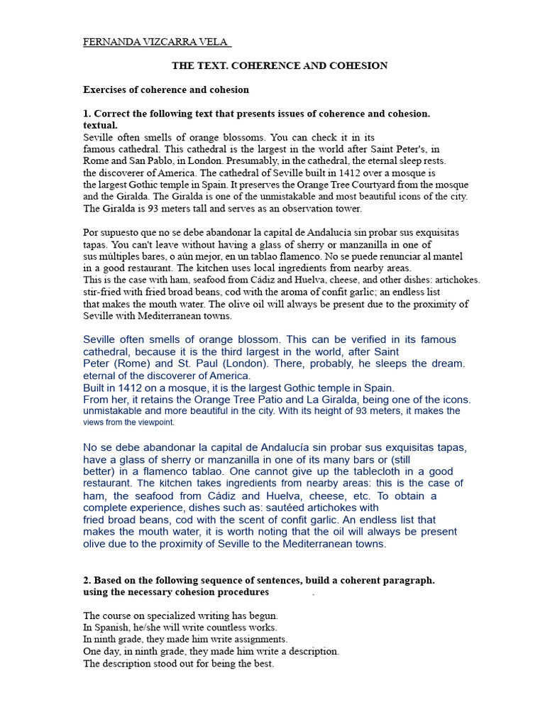Coherence and Cohesion Exercises Guide | PDF | Seville | Linguistics