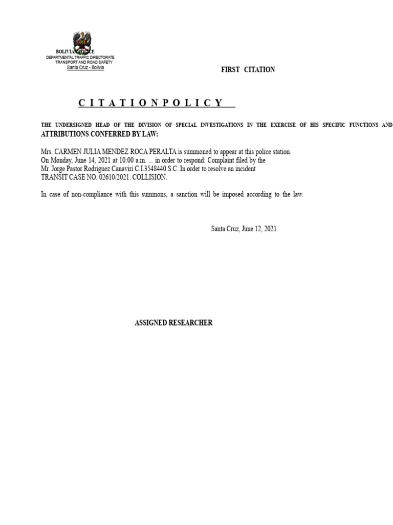 Bolivian Police Citation Procedures | PDF | Crime & Violence | Criminal ...