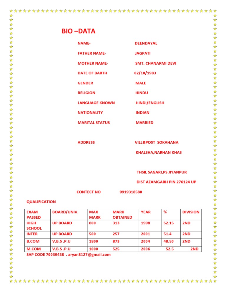 Deendayal's Comprehensive Bio-Data | PDF