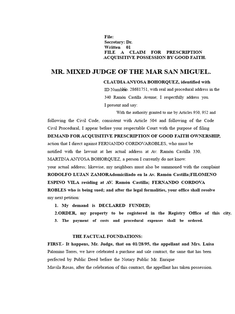Claim for Good Faith Acquisitive Possession | PDF | Lawsuit | Statute ...