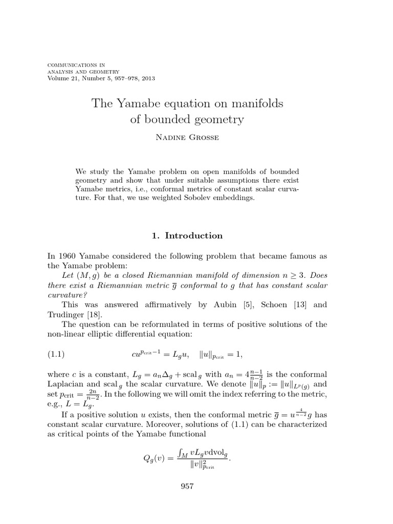 Yamabe Equation on Bounded Geometry Manifolds | PDF | Manifold ...