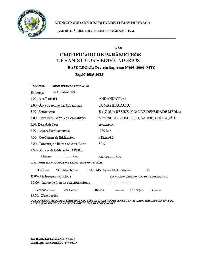 Certificado Urbanístico Tumay Huaraca | PDF