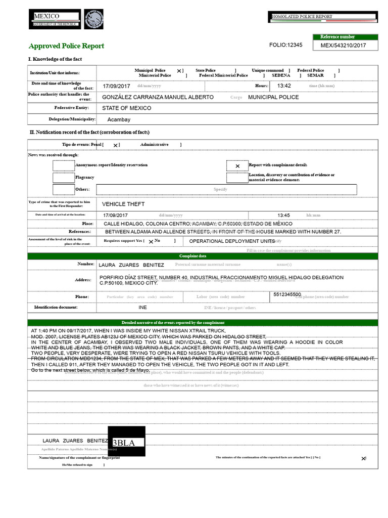 Vehicle Theft Police Report - Acambay | PDF