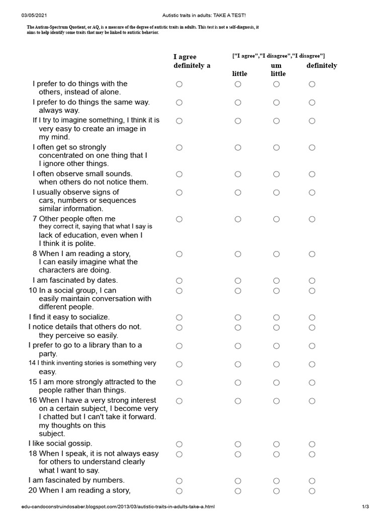 Autistic Traits in Adults - Test | PDF | Autism | Psychology
