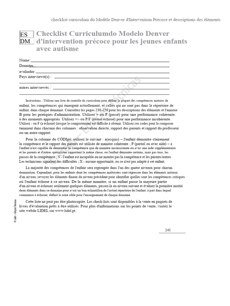 Checklist Modèle Denver pour Autisme | PDF | Autisme | Cerveau