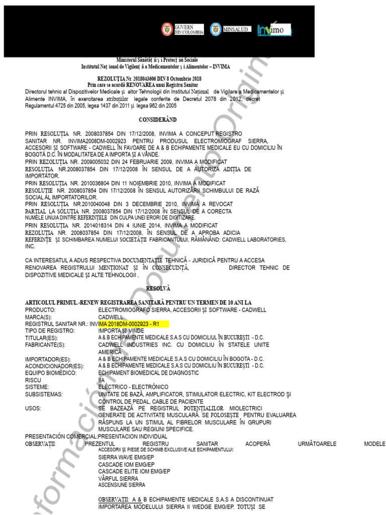 Registrul Invima - Electromiograf | PDF