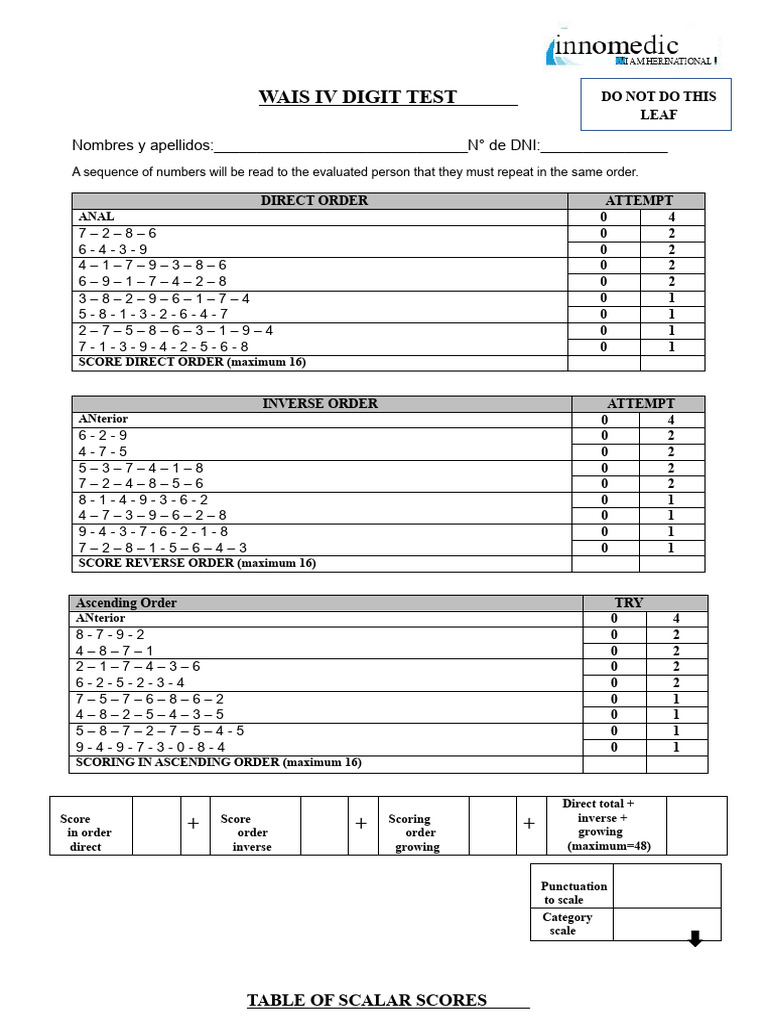 WAIS IV Digit Span Test Instructions | PDF | Wechsler Adult ...