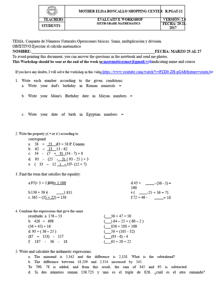 Sixth Grade Math Workshop Activities | PDF | Subtraction | Elementary ...