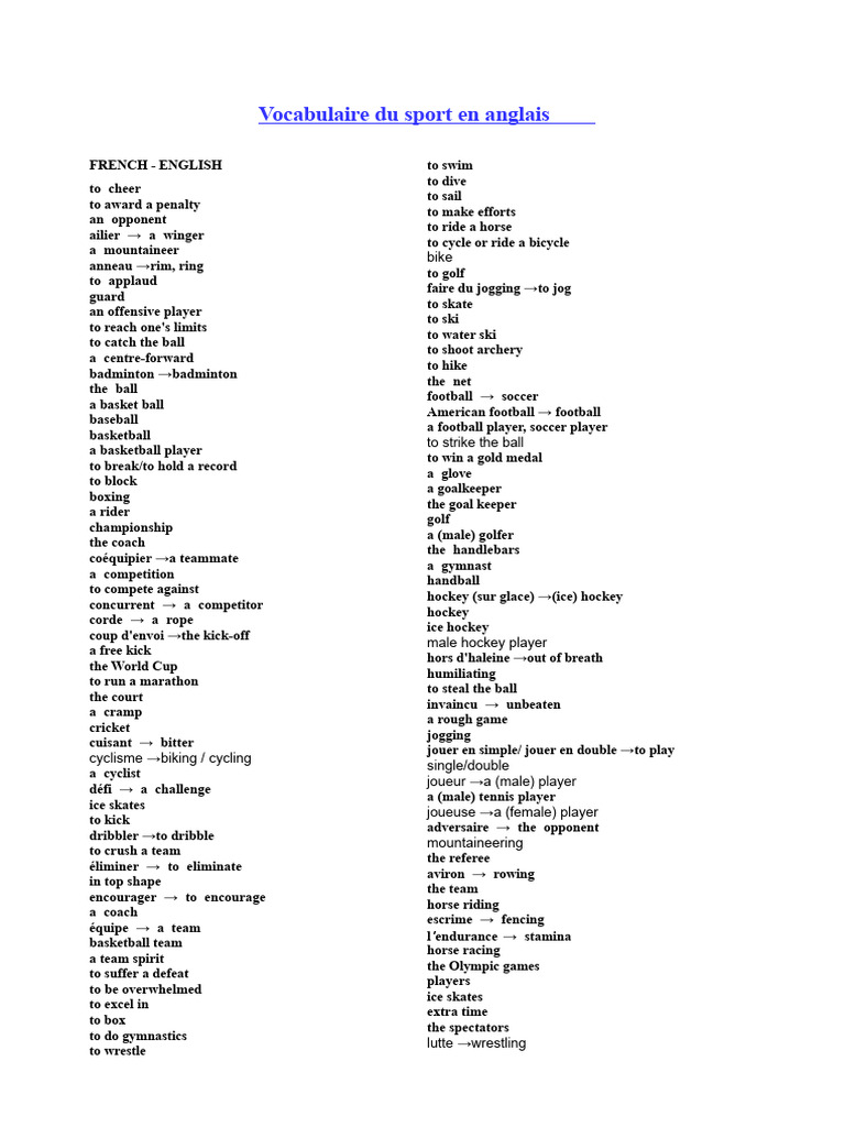 English Sports Vocabulary Guide | PDF | Team Sports | Ball Games