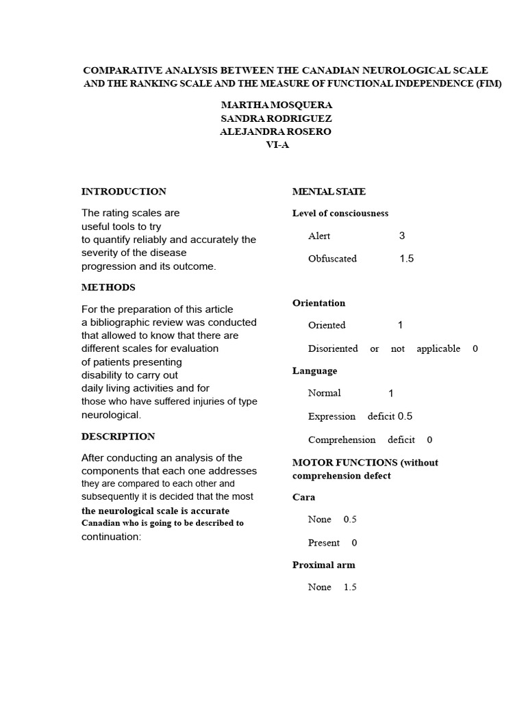 Canadian Neurological vs. FIM Scale Analysis | PDF | Neurology ...
