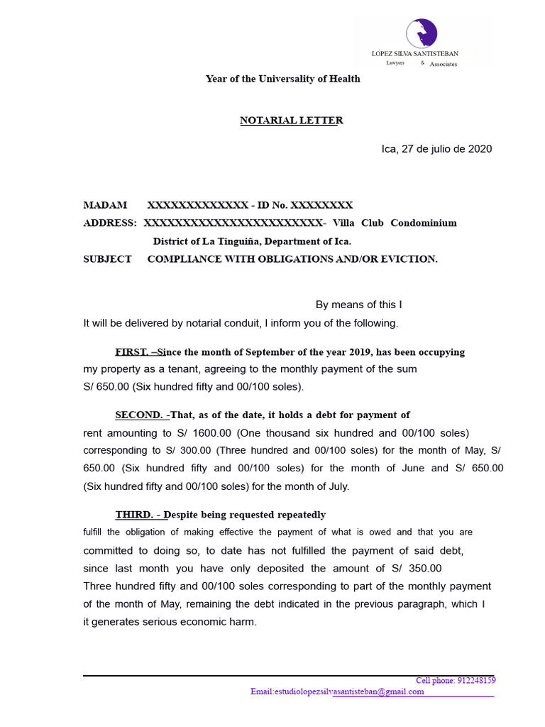 Notarial Letter Model - Rent Payment or Eviction | PDF