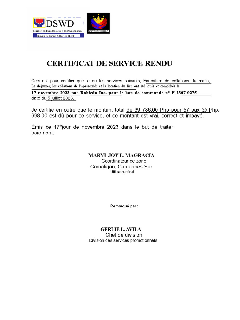 Certificat de Service Rendu pour Événements | PDF | Repas