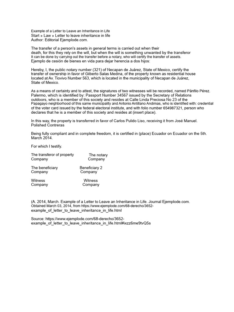 Inheritance Transfer Letter Example | PDF
