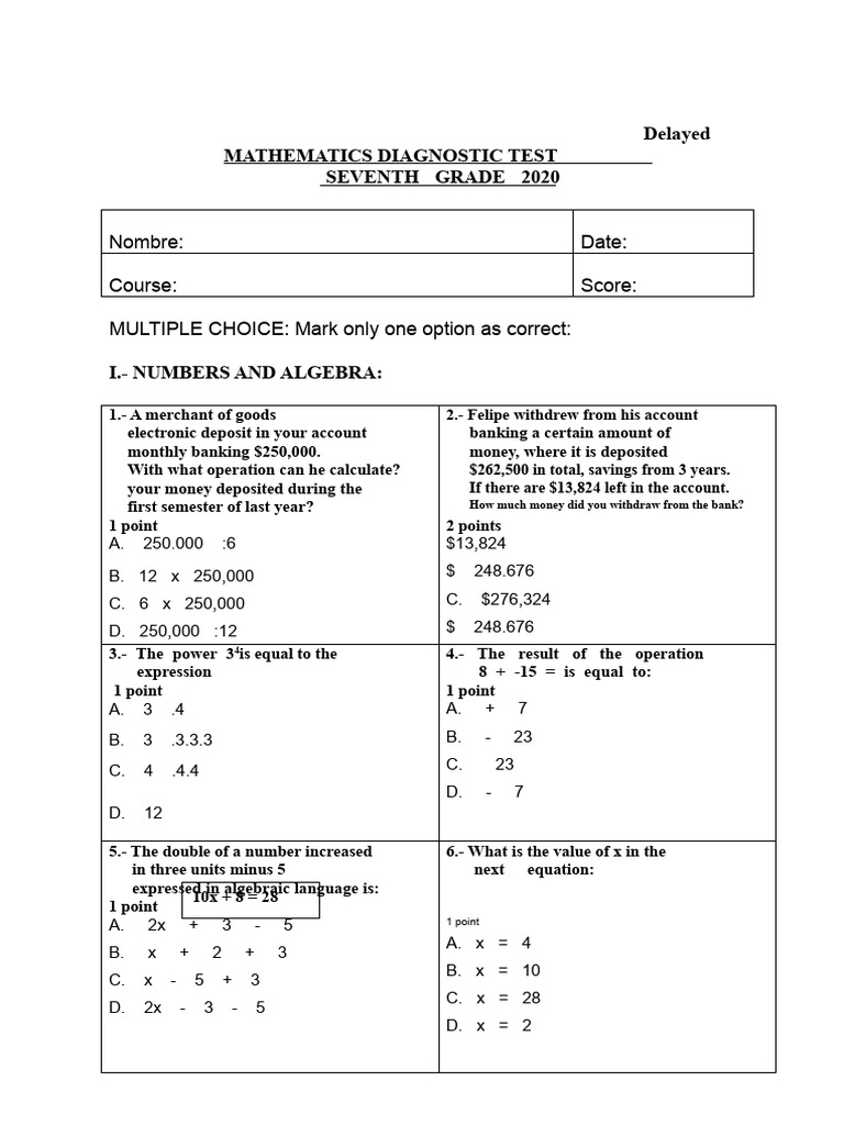 7th Grade Math Diagnostic Test 2020 | PDF | Area | Triangle