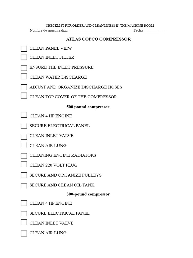 Machine Room Cleanliness Checklist | PDF