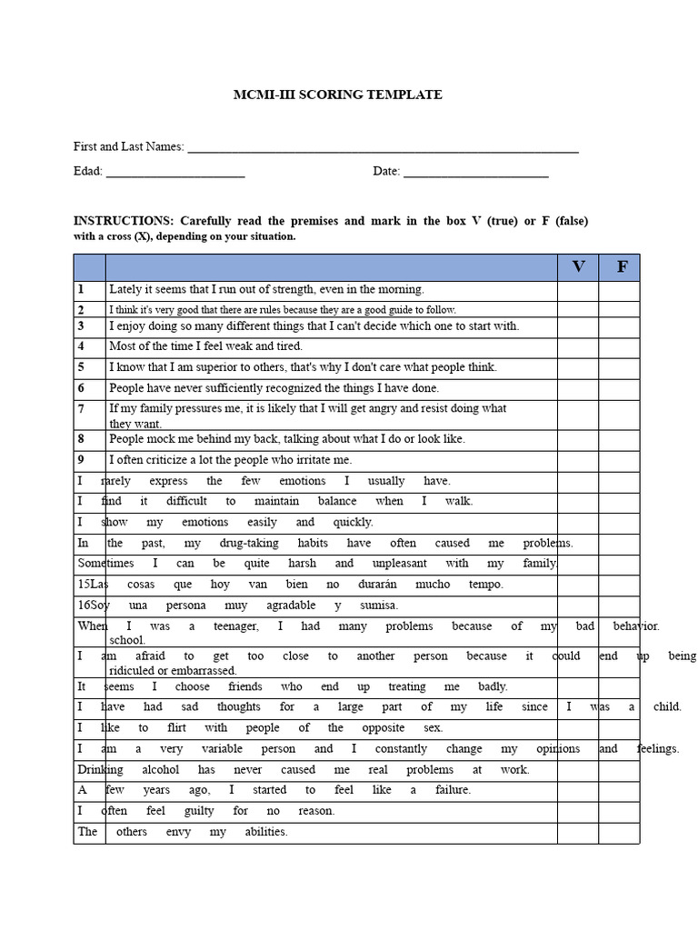 MCMI-III Scoring Template Guide | PDF | Thought | Mind
