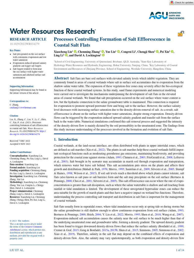 Water Resources Research - 2023 - Liu - Processes Controlling Formation ...