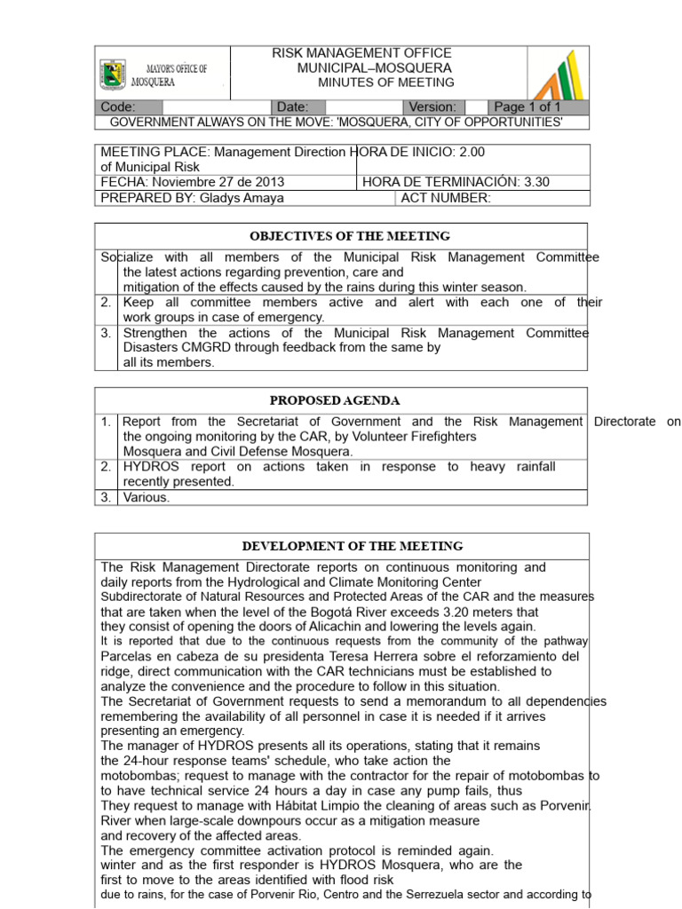 risk management committee minutes.docx | PDF | Risk Management | Emergency