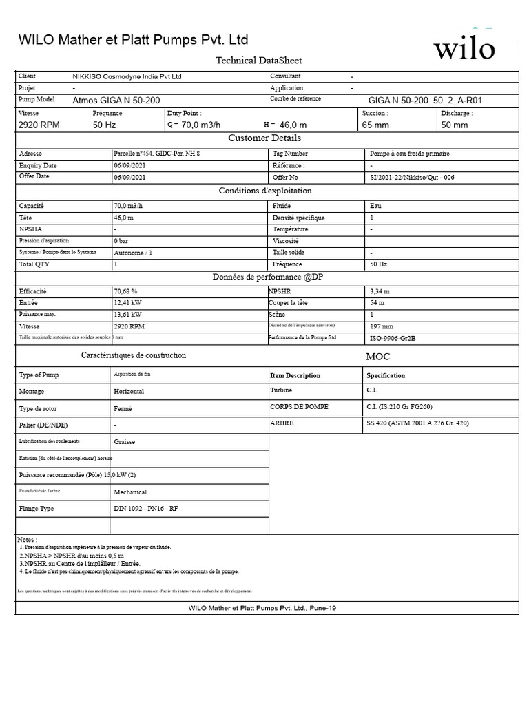 Fiche technique pompe Atmos GIGA N 50-200 | PDF | Pompe | Gaz