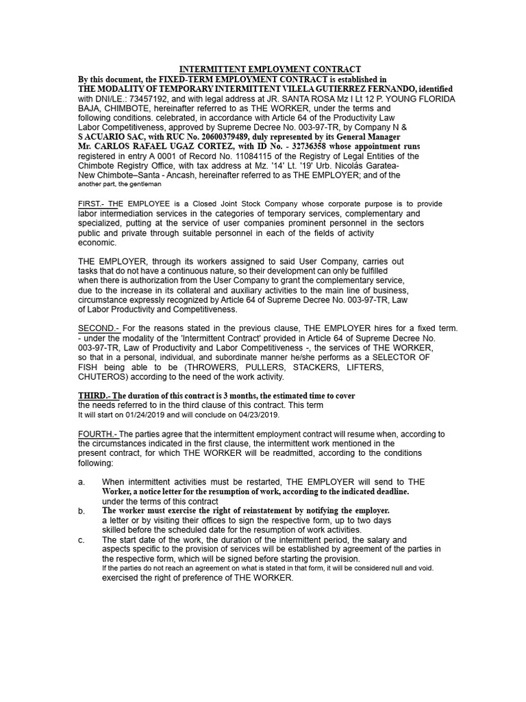 Intermittent Employment Contract | PDF | Employment | Private Law