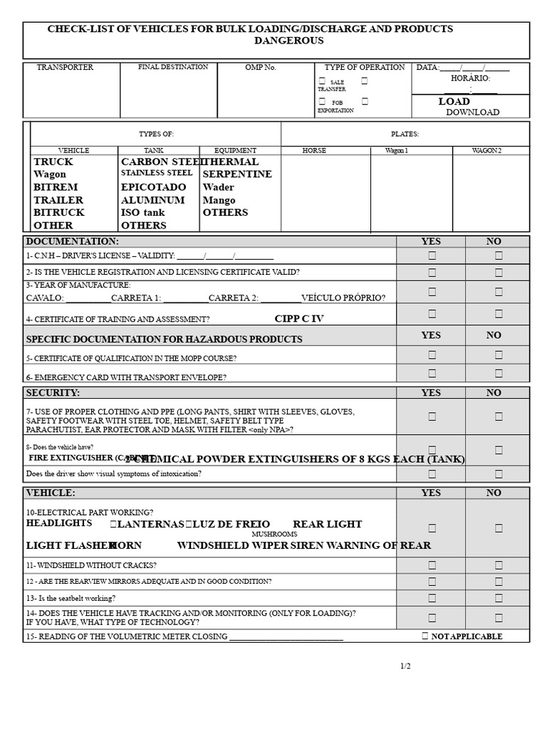 Bulk Loading Vehicle Safety Checklist | PDF | Vehicles | Personal ...
