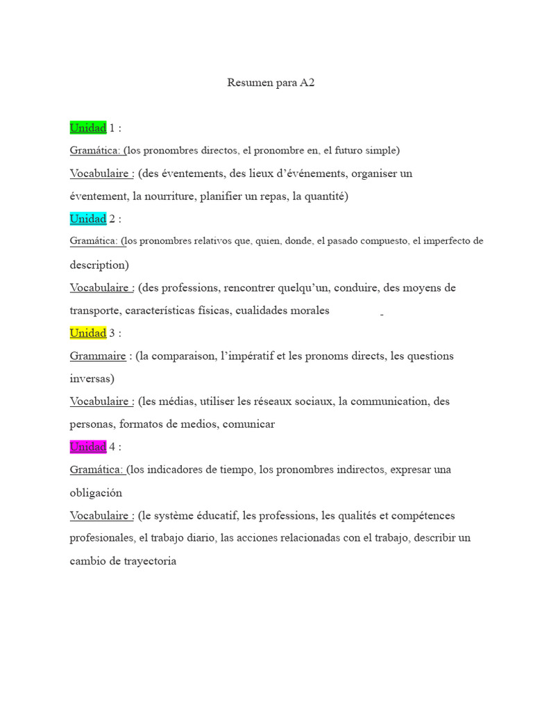 Gramática y vocabulario para A2 | PDF | Verbo | Asunto (gramática)