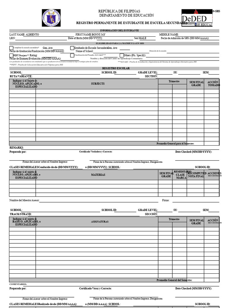 Escuela Formulario 10 SF10 SHS Registro Permanente Estudiante ...