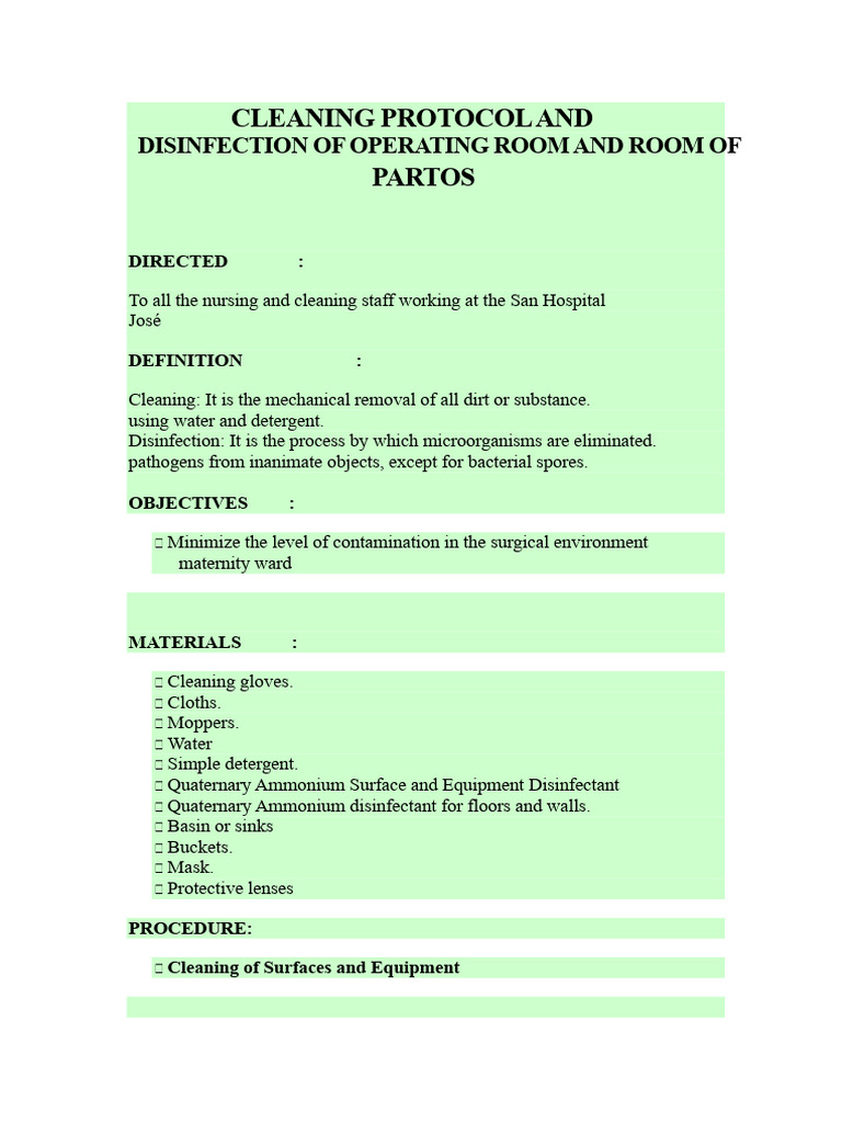 Cleaning and Disinfection Protocol for Operating Room and Delivery Room ...