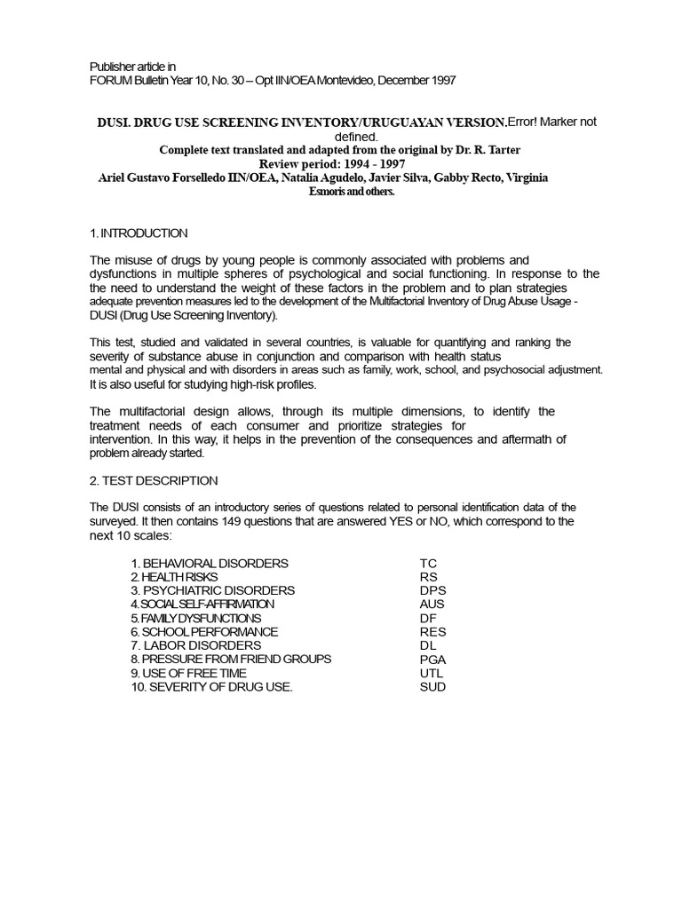 DUSI: Drug Use Screening Inventory Uruguay | PDF | Adolescence ...