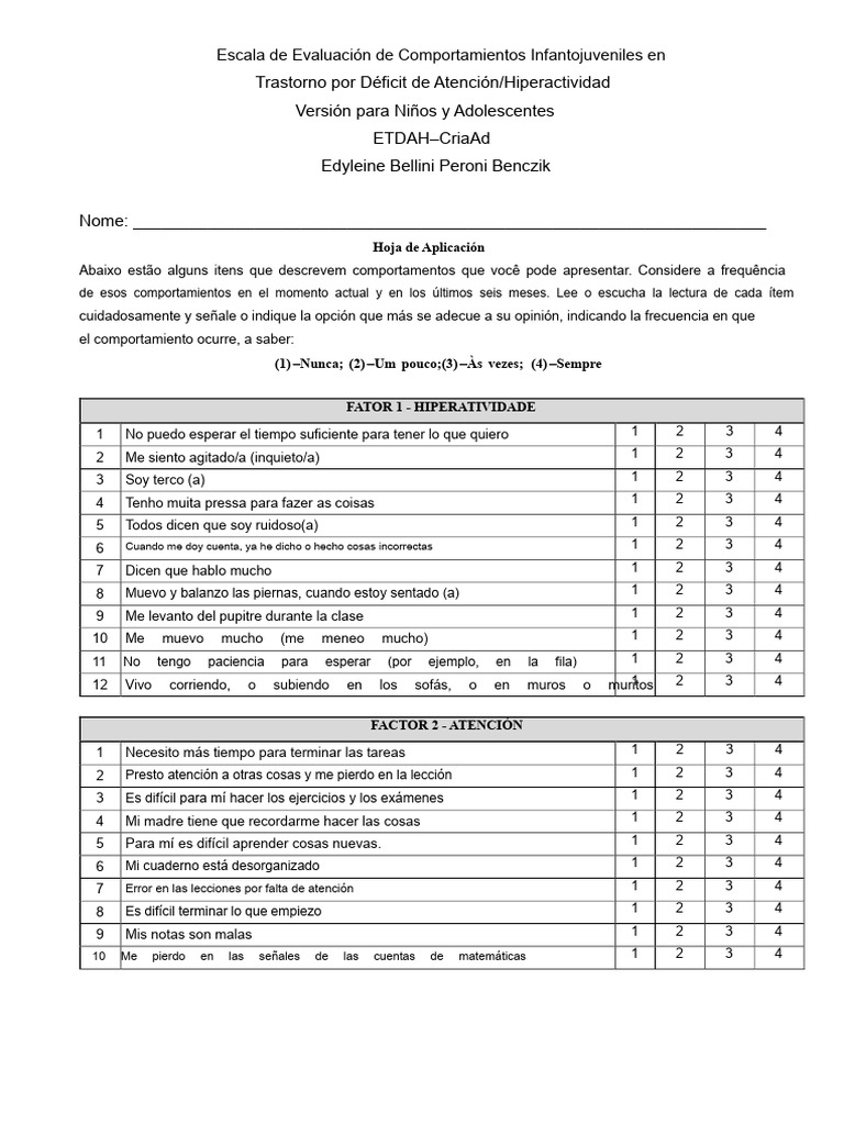 Evaluación de Comportamientos en TDAH | PDF | Desorden hiperactivo y ...