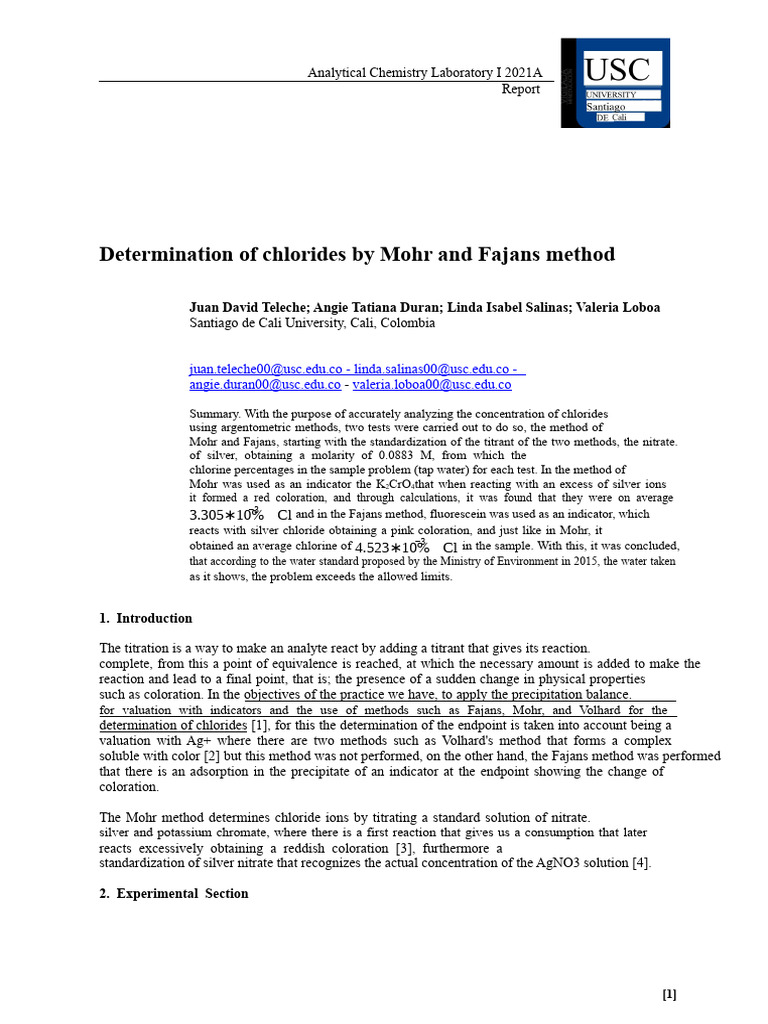 Chloride Determination in Water Analysis | PDF | Titration | Chemistry