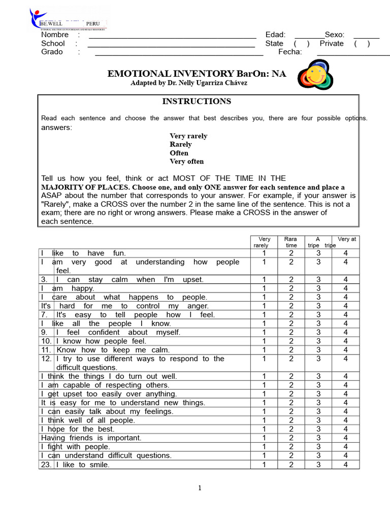 Emotional Inventory Questionnaire | PDF | Psychology | Psychological ...