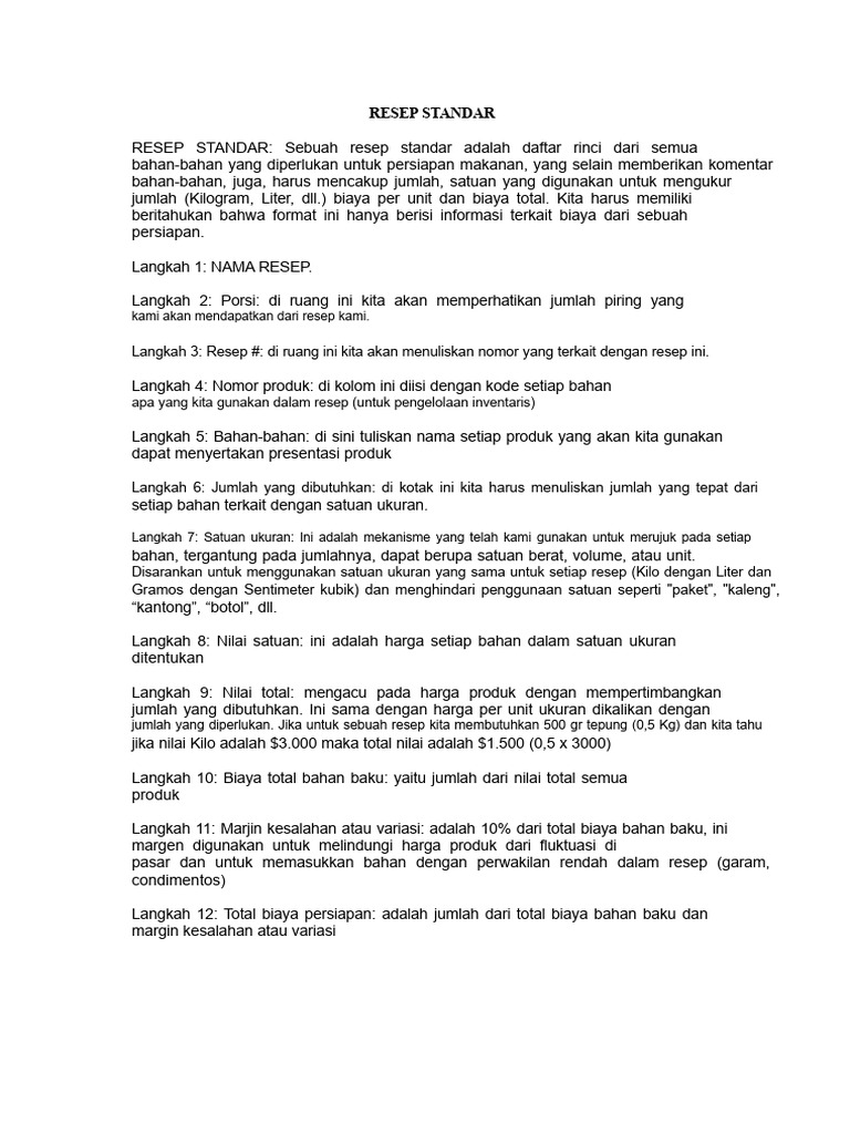 Panduan Lengkap Resep Standar Makanan | PDF