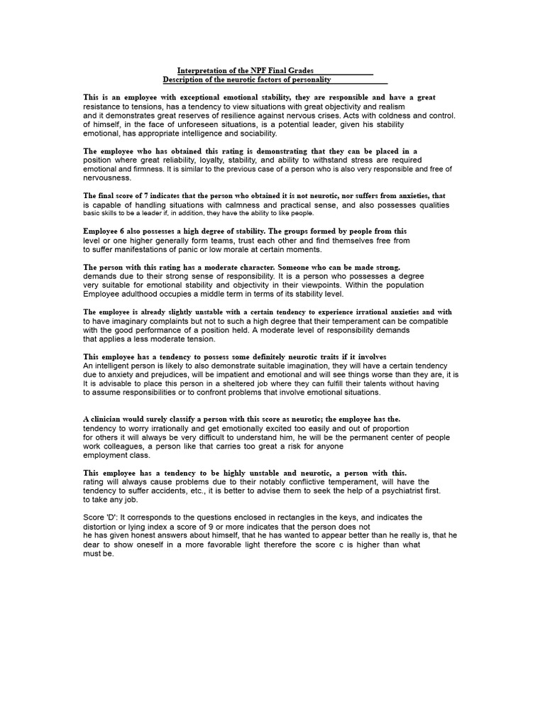 Interpretation of The Final Grades of CPF and NPF | PDF | Extraversion ...