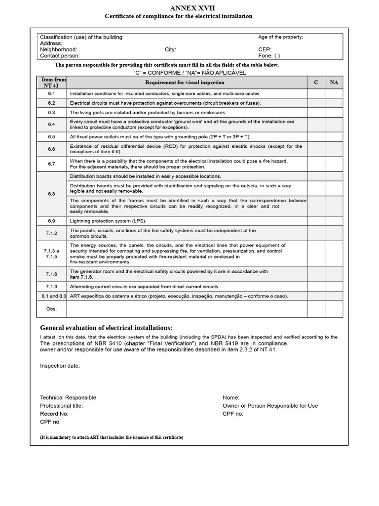 Electrical Installation Compliance Certificate | PDF | Electrical ...