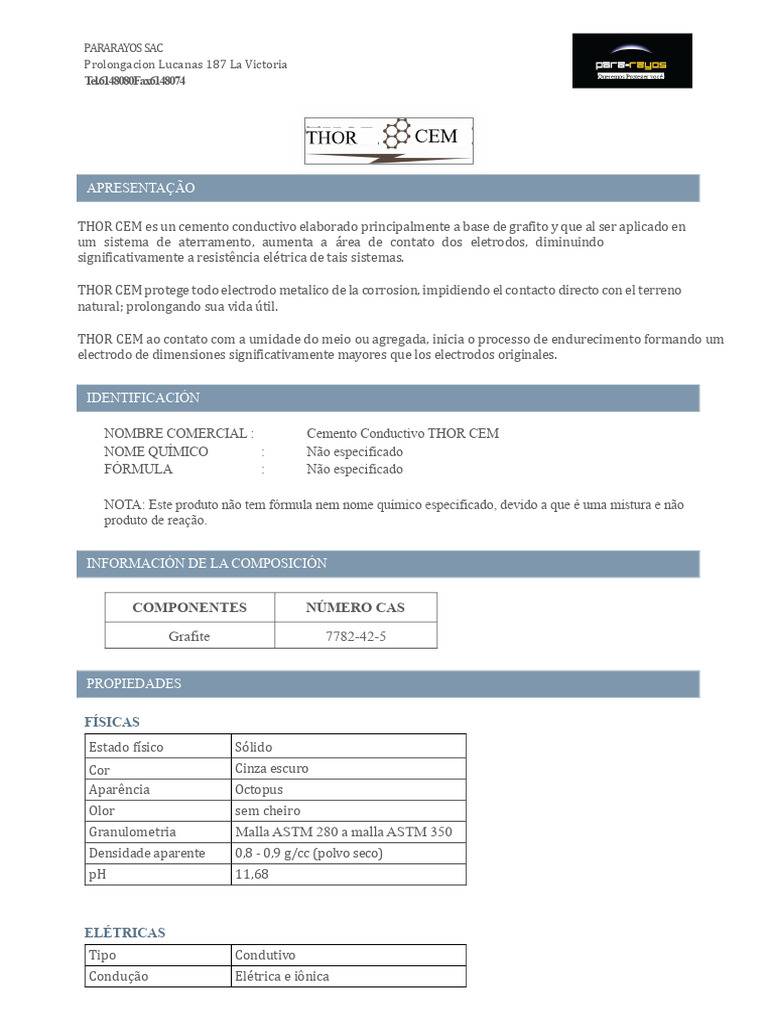 Cemento Conductivo THOR CEM: Propriedades e Aplicações | PDF | Química ...