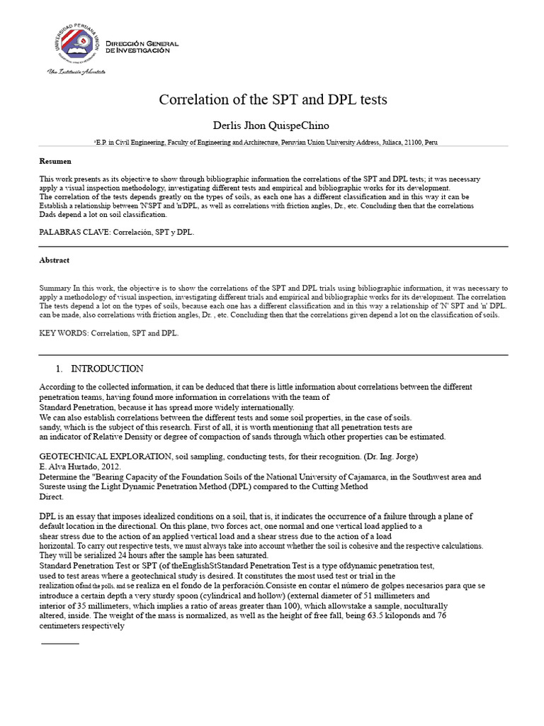 Correlation of the DPL and SPT Test by Author Jhon | PDF