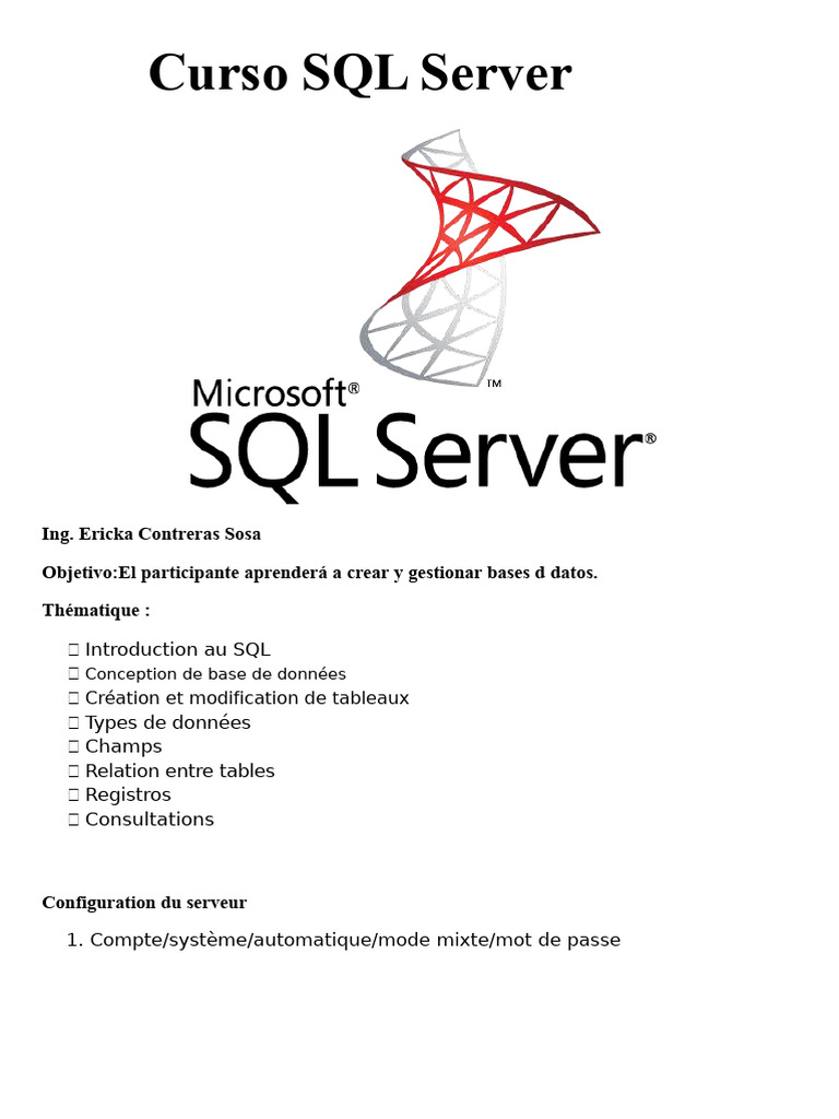 Formation SQL Server : Création et Gestion | PDF | Microsoft SQL Server ...