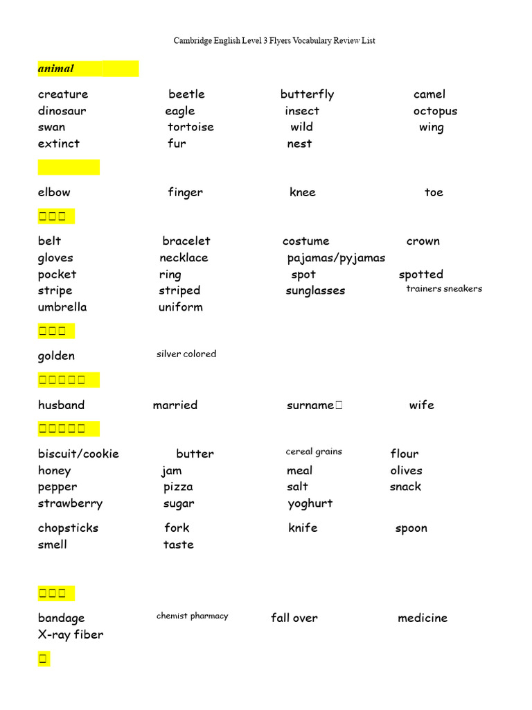 Cambridge Flyers Vocabulary Review List | PDF