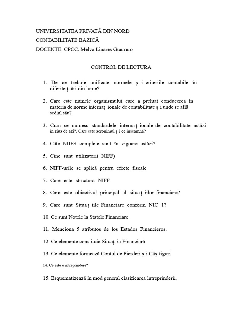 Control de Lectură Contabilitate de Bază | PDF