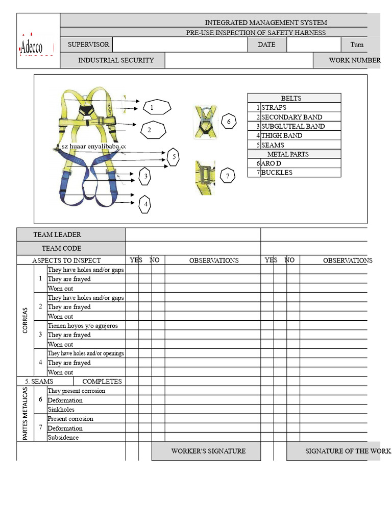 Safety Harness Pre-Use Inspection Checklist | PDF