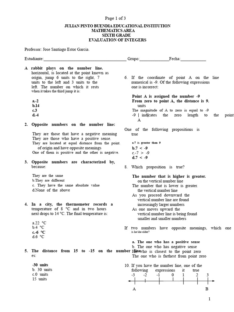 Sixth Grade Integer Evaluation Test | PDF | Numbers | Number Theory