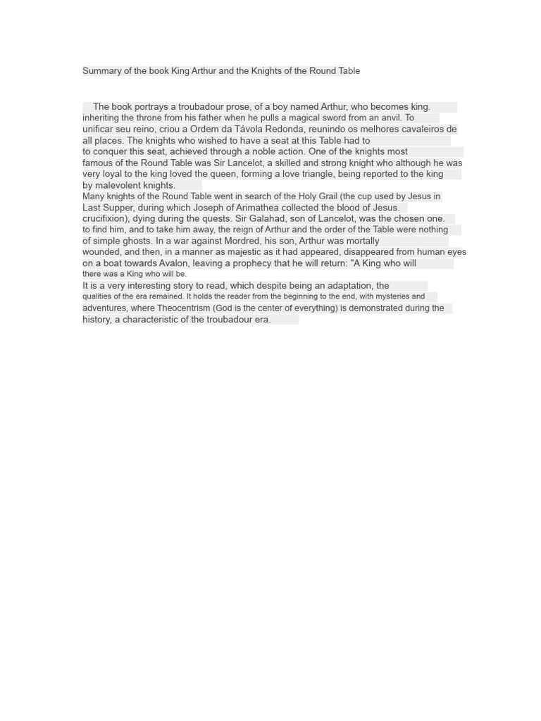 Summary of The Book King Arthur and The Knights of The Round Table | PDF