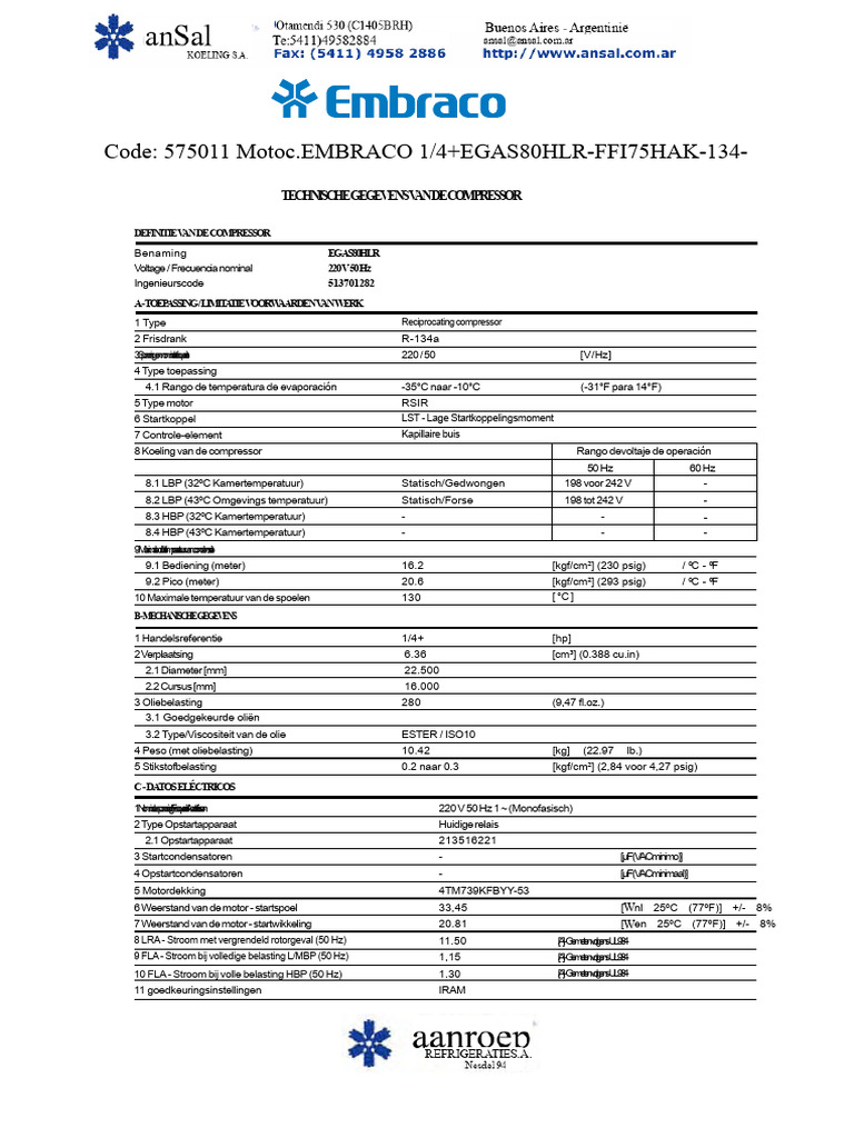 Embraco 1-4+ R134 | PDF
