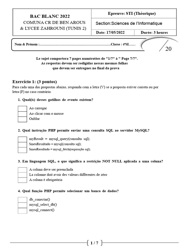 Prova Teórica de Informática - BAC 2022 | PDF | SQL | Php