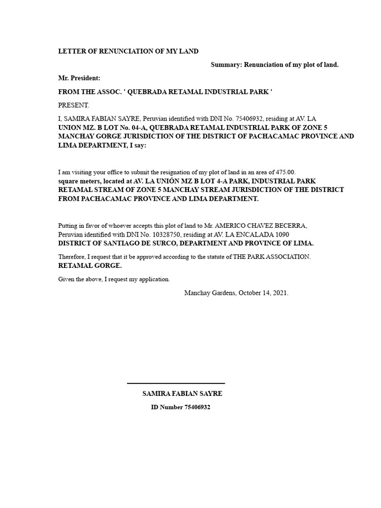 Land Renunciation Letter Submission | PDF