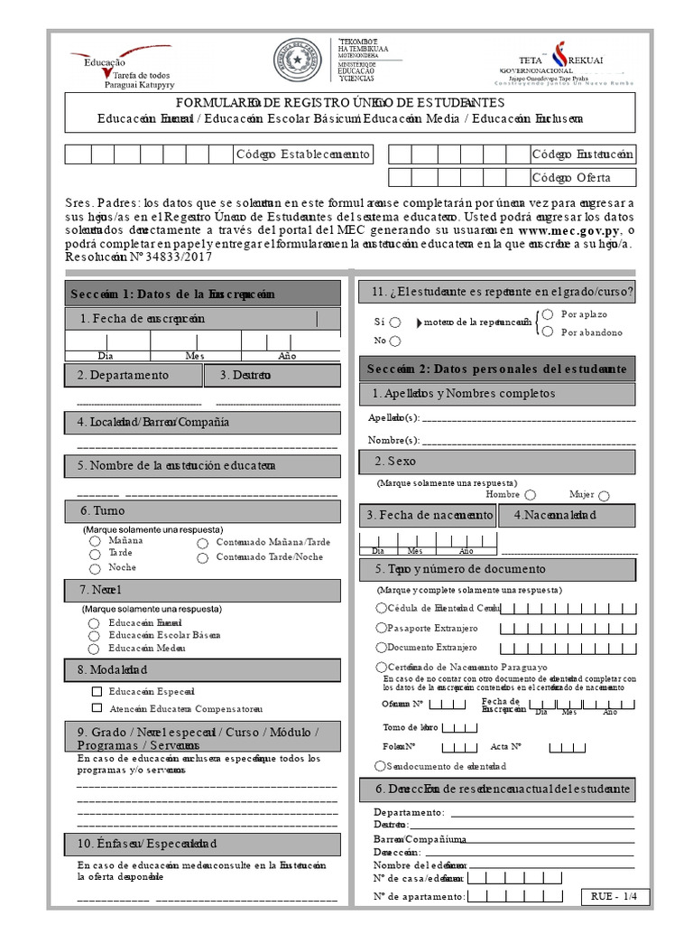 Registro Único de Estudantes: Formulário | PDF