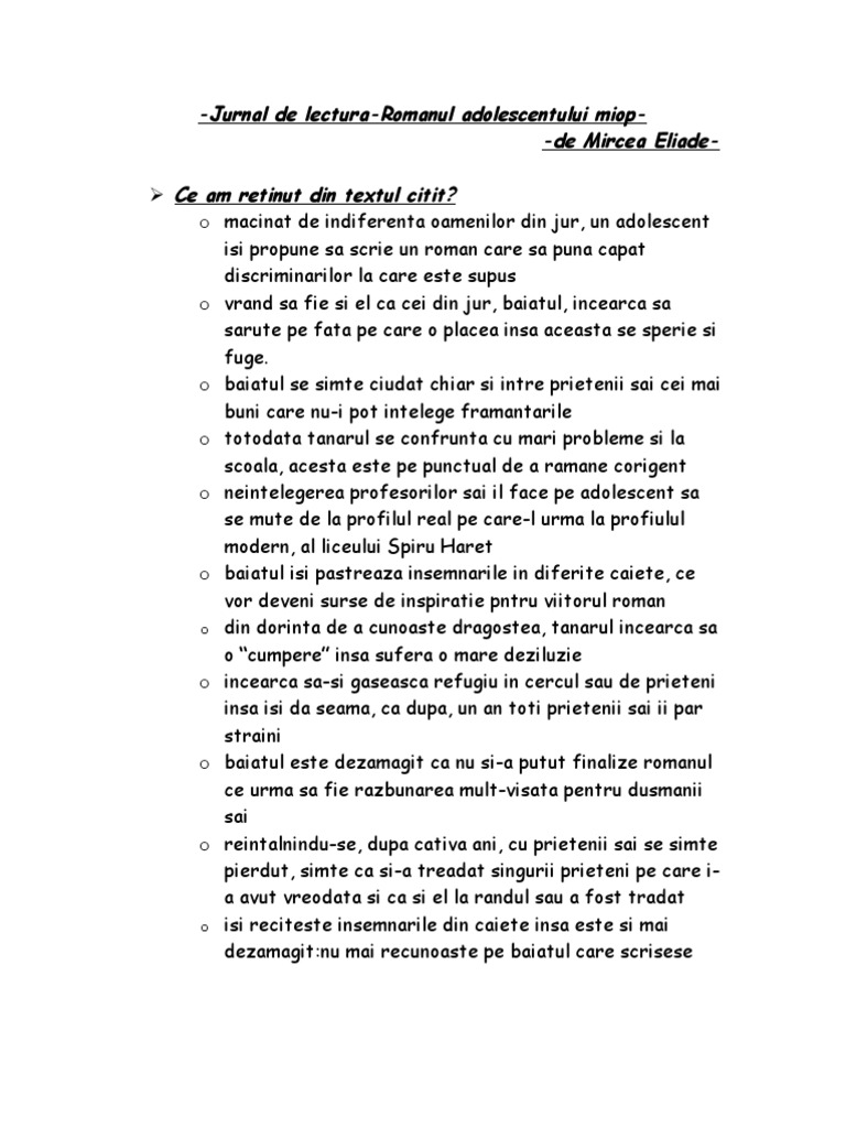 Fisa De Lectura Romanul Adolescentului Miop Jurnal de Lectura-Romanul Adolescentului Miop | PDF