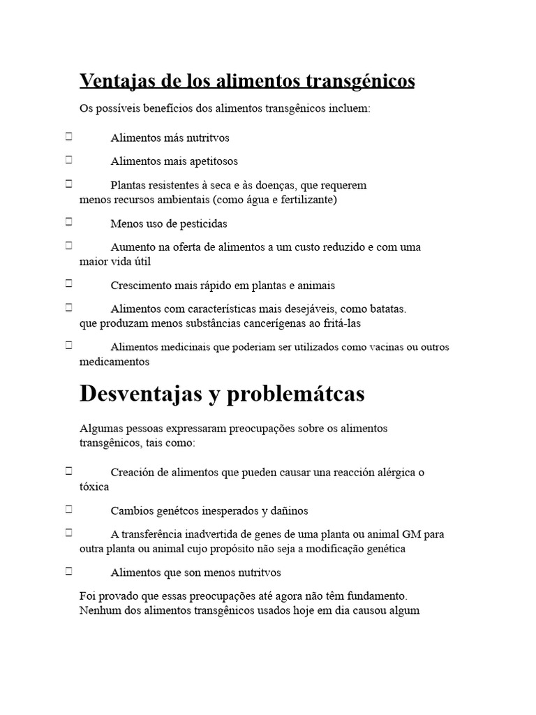 Vantagens e Desvantagens dos Alimentos Transgênicos | PDF | Alimentos ...